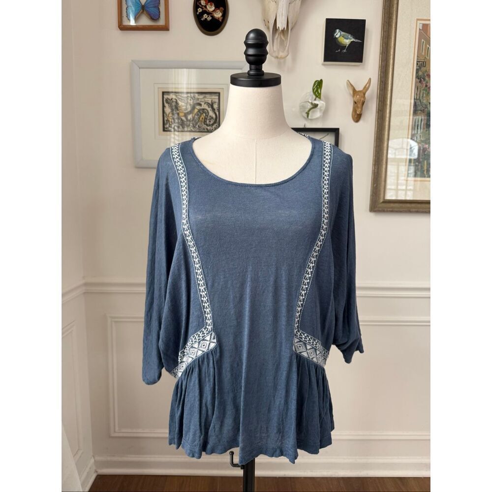 Anthropologie Akemi + Kin 100% Linen Batwing Dolman Embroidered Boho Top L